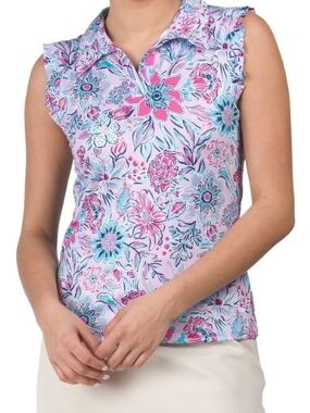 🆕️ Gottex Lilac Floral Ruffle Sleeveless  Polo Shirt